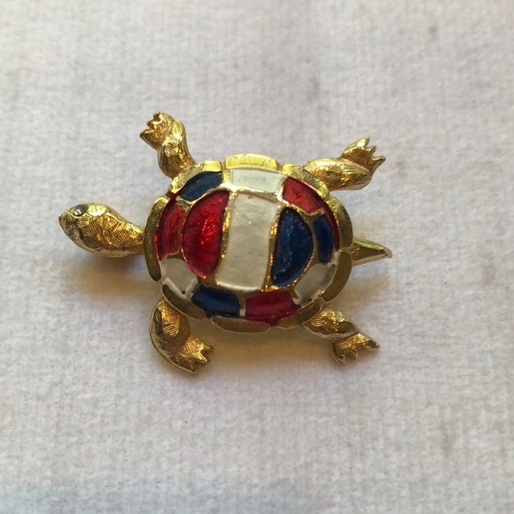 Patriotic Turtle Brooch Pin Gold tone Red White Blue Enamel Accents Crystal Eyes - Picture 2 of 10
